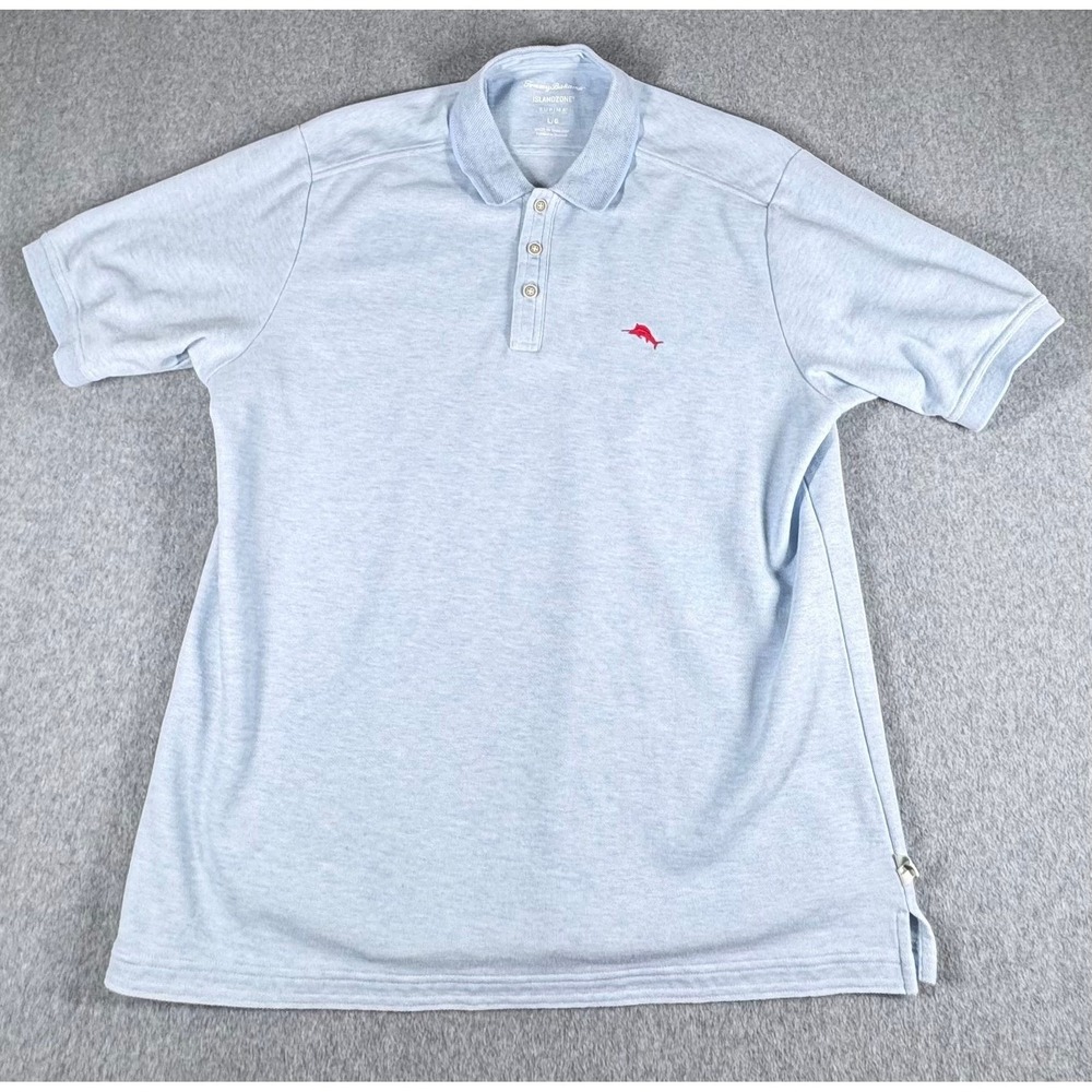 Tommy Bahama Island Zone Polo Shirt Mens L Blue Heather Supima Red Marlin